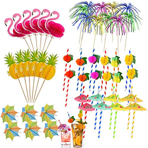 120 Stück Cocktail Party Dekoration, Folie Feuerwerk Sticks, Flamingo Ananas Bunte Regenschirm Cupcake Frucht Sticks, Papier Strohhalme Für Getränke, Hawaii Tropische Party Dekoration Cocktail Zubehör