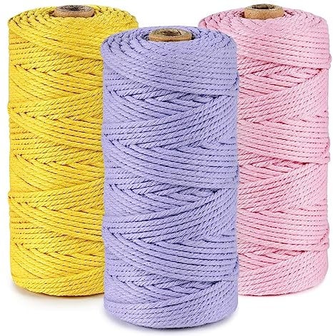Makramee Garn 3er Set,ilauke Weiche Baumwollgarn Baumwollschnur Makramee 3mm für DIY Projekte - 3 x 100m Baumwolle Baumwollkordel zum Makramee Wandbehang, Traumfänger, Blumenampel,Lila+Rosa+Gelb