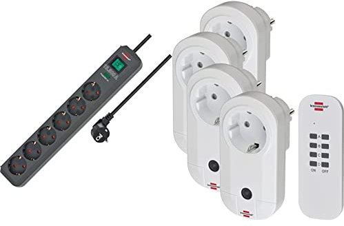 Brennenstuhl Eco-Line Steckdosenleiste 6-Fach mit Überspannungsschutz (Schalter und 1,5m Kabel) anthrazit & Funkschalt-Set RC CE1 4001, 4er Funksteckdosen Set Weiß