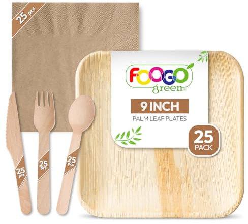 FOOGO Green 125pcs Disposable Palm Leaf Plates, FSC® Certified, Wooden Cutlery Set and Brown Napkins, 25x Large Square Plates, 25x Forks, 25x Knives, 25x Spoons, 25x Brown Napkins, Eco Friendly