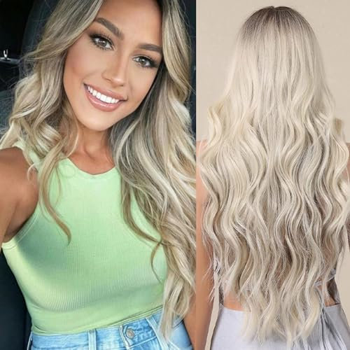 Allbell Lange Perücke Blond Wellig Perücken für Frauen Natürlich aussehende synthetische Haarperücken mit Pony