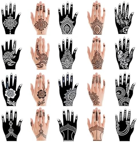 XMASIR 20 Blatt Temporäre Tattoo Schablone, Wiederverwendbare Indische Arabische Hand Fuß Tattoo Vorlagen Aufkleber für Hand Body Frau Kinder Mädchen
