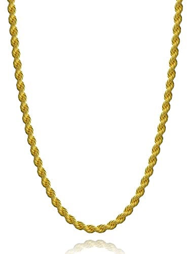 White Shield 18k Gold Plated Necklace, Real Gold Plated Rope Chain Necklace, Stainless Steel Twist Chain Necklace for Men and Women, Lobster Clasp, Perfect Length, Gold Plated, No Gemstone