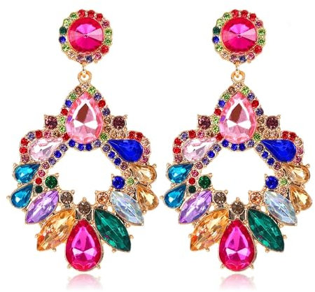Kakonia Ohrringe Strass Rechteckig für Damen Statement Geometrische Tropfen Ohrringe Marquise Hängend Großes Retro Vintage Rosa Bunt Boho Ohrringe Schmuck Set für Damen