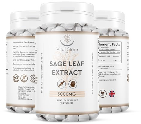 Sage Leaf Extract 3000MG - 5 Month Vegan Supply - for Hot Flushes & Night Sweats - 150 Vegan Tablets - Sage Leaf Extract Rosmarinic Acid High Strength Sage Extract