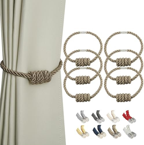 Bel Avenir Magnetische Vorhang-Raffhalter, dekorative Vorhanghalter, modern, gewebte Raffhalter mit exquisitem Knoten (Flachs, 6 Stück)