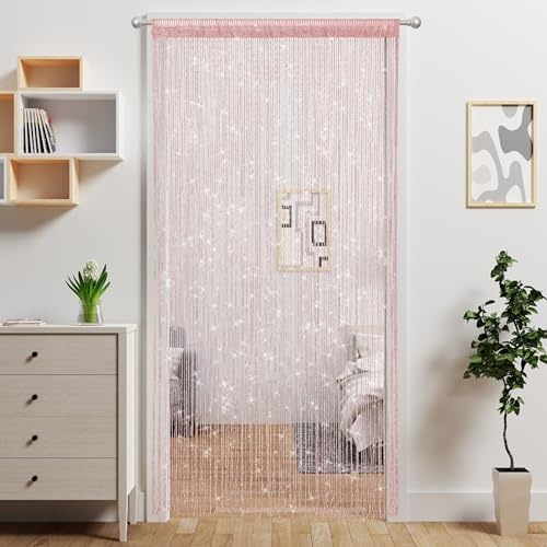 Atsweetlife Door String Curtain Doorway Beads Curtains,Hanging Room Divider Beaded Decor Hippie Glitter Fringe Panel Closet Window Doors Sequin Sheer Boho Doors Tassel (Pink)