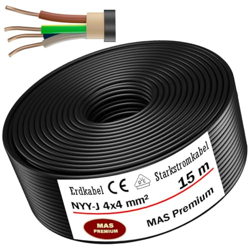 MAS Premium Von 5 bis 50m Erdkabel Starkstromkabel NYY-J 4x4 mm² Elektrokabel OFC Ring zur Verlegung im Freien, Erdreich (15m)