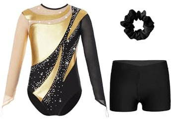 Alvivi Mädchen Turnanzug Glitzer Gymnastikanzug mit Kurze Hose Haarband Langarm Ballettanzug Turntrikot Gymnastik Kleidung Wettbewerb Tanzkostüm Gold 146-152