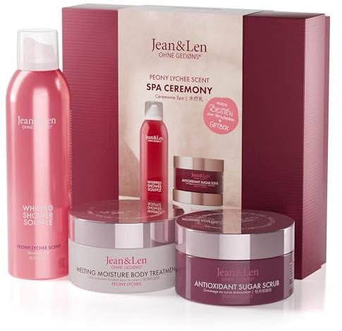 Jean & Len Cérémonie Spa Pivoine et Litchi, Coffret Cadeau avec 3 Produits pour Le Corps et l’Esprit, Boîte Certifiée FSC, Végan