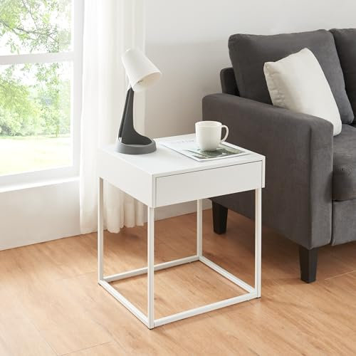 [en.casa] Beistelltisch Rautjärvi Sofatisch mit Schublade Couchtisch Dekotisch Nachttisch Wohnzimmertisch Kaffeetisch aus Stahl 50x43x41cm Weiß