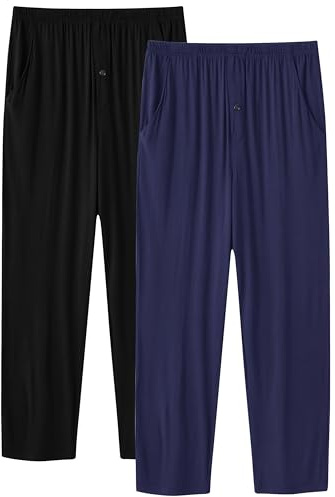 MoFiz Men's Lounge Pants Pyjama Bottoms Modal Soft Nightwear Pjs Bottoms Pyjama Sleep Pants with Buttons Black & Navy Size S