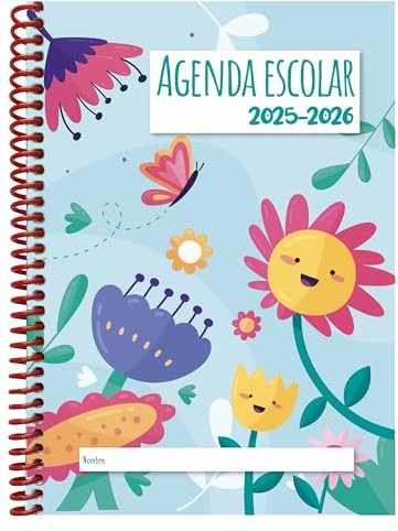Schülerkalender 2024-2025, Wochenansicht, Spanisch, Blumen-Design, Spiralbindung aus Kunststoff und Schutzeinband, A5-Format, Größe 150 x 211, halbstarrer Einband