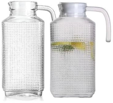 HOMESHOPA Glass Water Jug with Lid, 2Pk 1.6L Water Pitcher Glass Carafe Jug for Hot/Cold Water Ice Tea Coffee Milk & Juice Beverage, Transparent Glass Fridge Door Water Jug with Spout and Handle
