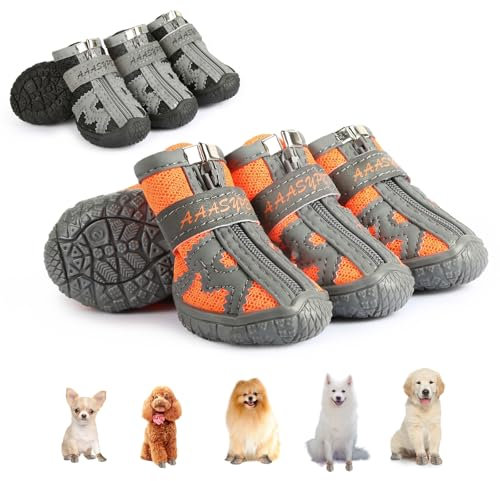 Sezlinver Hundeschuhe mit Rutschfester Sohle, 4er-Pack, verstellbare Pfotenschützer mit reflektierenden Bändern, waschbar und atmungsaktiv für kleine Hunde (Black 5)