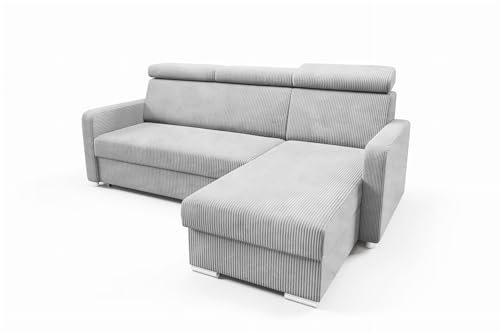 LIKMA Helles Aschgrau Ecksofa Mako L-Form 213x165 cm mit Schlaffunktion (190x125 cm) Eckcouch mit Bettkasten und Verstellbare Kopfstützen Wohnlandschaft Bettsofa mit Stauraum Polstermöbel Sofa