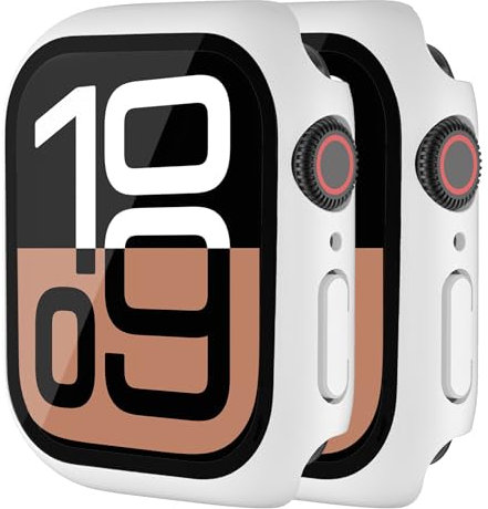 HANKN 2 Stück Hülle für Apple Watch Series 11 10 42mm Temperierte Glas Schutzhülle, Hart Bildschirmschutz Gehäuse iWatch Eingebaut Displayschutzfolie, 42mm Weiß + Weiß