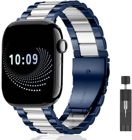 AiiBowy Bracelet Compatible avec Apple Watch 46mm 45mm 44mm 42mm 49mm, Bracelet Métal en Acier Inoxydable pour Apple Watch Ultra 3/2/1 SE 3/2/1 Series 11/10/9/8/7/6/5/4/3/2/1 Bleu Argenté