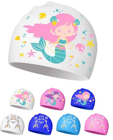 Bonnet de Bain pour Enfants 4-12 Ans, Bonnet Piscine Enfant en Silicone, Imperméable et Antidérapant (Fille de la mer Blanche)