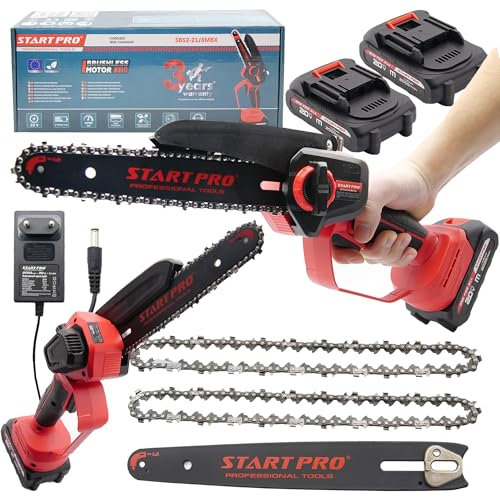 StartPro Mini Akku-Kettensäge 8 Zoll, Bürstenloser Motor, Kettenölsystem, 2x 2,0 Ah Akkus, 2 Ketten, Handkettensäge zum Schneiden von Bäumen, Ästen, Holz SBS2-21/8MBX
