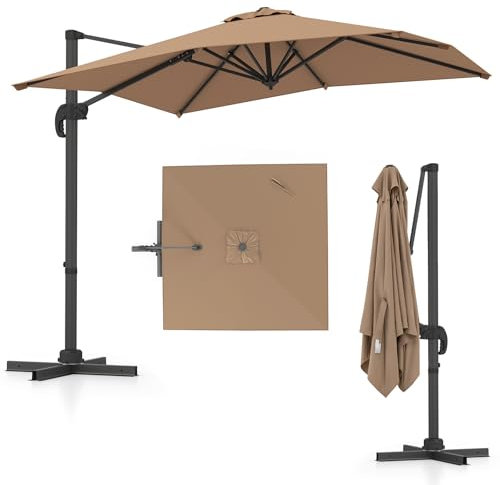 COSTWAY Sonnenschirm rechteckig 250 x 250 cm, großer Ampelschirm mit Kurbel, Gartenschirm neigbar, 360° drehbar, Terrassenschirm, Marktschirm für Garten, Terrasse, Balkon (Braun)