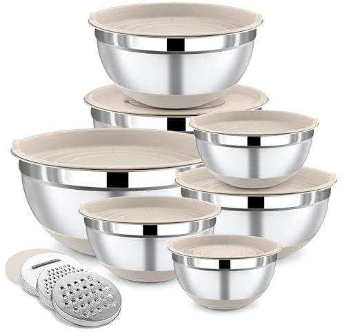 BEWOS Bol à Mélanger avec Couvercle de 7 Pièces, Design Emboîtable et Base Antidérapante, Bols en Acier Inoxydable avec Râpe, Tailles 0.5, 1, 1.4, 1.85, 2.35, 3.2, 4 L pour Mélanger et Servir