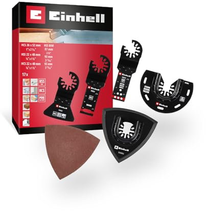 Original Einhell Multitool Set 17-tlg. (BIM/HCS Sägeblätter, Schaber, Trägerplatte, Schleifdreiecke, PTFE-Beschichtung, Open-Back-Aufnahme)