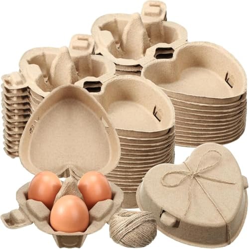 Eierkartons, 3 Stück, herzförmiger Papier-Zellstoff-Eierbehälter mit Juteseil, wiederverwendbare Körbe, Halter für Hinterhof, Aufbewahrung, Valentinstag, Hühnerliebhaber, Geschenke (30 Stück/60 Stück