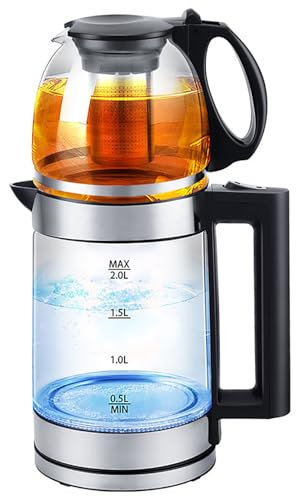 HKFGSHOP Théière Turque en Verre, Bouilloire Électrique À 2 Étages, Bouilloire À Thé en Verre, 1500W avec Base Rotative À 360 Degrés, Capacité 1.8L+0.8L, avec Ligne De Niveau d'eau, pour Le Thé Russe