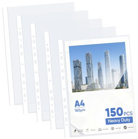 150 Piezas Fundas Plástico A4, 11 Agujeros,Material PP(0.08mm,80 micras,80 micron),Diseño Abierto Superior, Resistente al Agua y al Polvo,Fundas Transparentes a4 para de Documentos(8C-150)