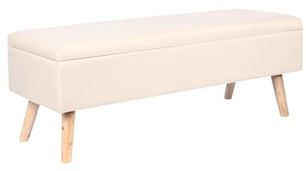 Relaxdays linen storage bench, HxWxD: 40x110x40 cm, wooden legs, padded for bedroom or hallway, beige