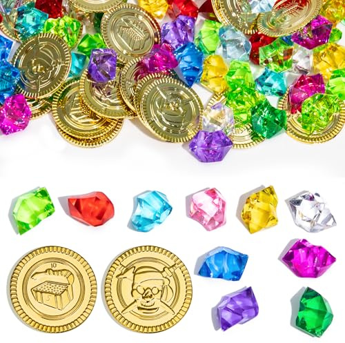 KICNIC Edelsteine für Kinder Set, 150 Stück | 50 Goldmünzen + 100 Kinder, Kindergeburtstag, Schatzsuche, Piraten Kindergeburtstag, Schatzsuche, Hochzeitskristalle