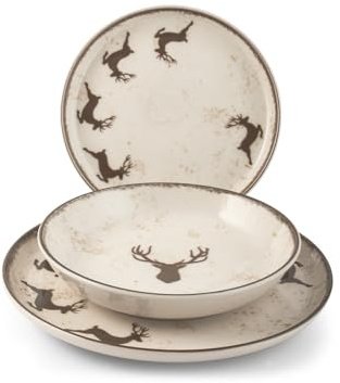 H&H, Servizio Tavola 12 Pezzi Wild Mocha in Stoneware – Decorazione Invernale con Alci – Piatti Beige e Mocha – 4 Piatti Piani 26cm, 4 Fondi 20,5cm, 4 Frutta 20cm – Lavabile, Microonde