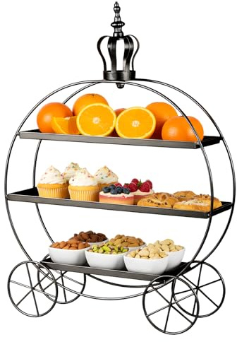 SUNNYNEST 3‑Tier Iron Dessert Display Cart with Wheels Round Metal Cake Stand for Cakes, Pastries Buffets Portable Tiered Serving Tray for Parties Christmas Wedding or Home (Black)