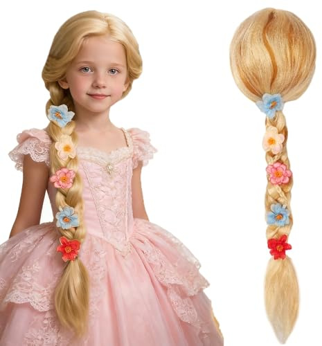 RNPKZ Prinzessin Perücke Zopf, Kinderperücke Blond, Rapunzel Kostüm-Perücke für Kinde mit Blume, Rapunzel Perücke für Mädchengeburtstagsfeier, Halloweenparty, Rollenspiele, Karneval (Gold, 80 cm)