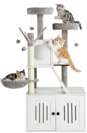 LEADZM Arbre a Chat litiere intégrée, Arbre à Chat 2 en 1, Panneau de Fibres Haute densité + Flanelle, Hauteur 137 cm, avec Grande Plateforme, Corde en Sisal, Hamac, Plusieurs Couleurs (Blanc)