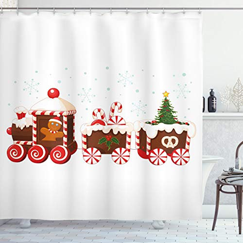 ABAKUHAUS Natale Tenda da Doccia, Gingerbread Train, Tessuto Set di Decorazioni per il Bagno con Ganci, per la vasca da bagno, 175 cm x 200 cm, Bianco Marrone Vermilion