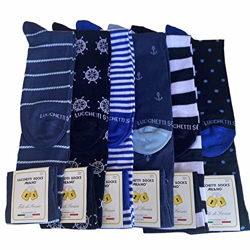 6 paia Calze Uomo Lunghe filo di scozia Fantasia Cotone colorate Pois Righe Disegni divertenti Made in Italy (Taglia 41-46, Set Vela)