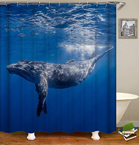 Chickw1 Duschvorhang Wasserdicht Anti-Schimmel 3D Meerestiere Drucken Polyester Bad Vorhang mit 12 Duschvorhangringe für Badezimmer Decor (150x180cm,Blauwal)