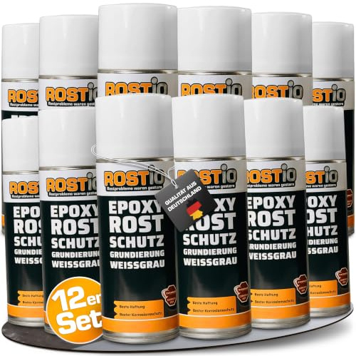 Rostio Epoxy Grundierung 1 K | EP Rostschutzgrundierung Spray | Korrosionsschutz | Grundierfüller Primer Rostschutz | Schnelltrocknend (12 Stück)