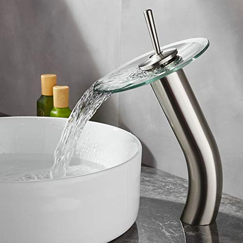 RODDEX Cascata Bagno Rubinetto di Vetro Singola Maniglia Miscelatore Lavabo Bagno In Ottone Massiccio Lavabo Vessel Lavello Vanity Rubinetto, Alto, Nichel Spazzolato