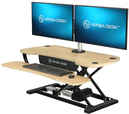 VERSADESK PowerPro 36 Inch Electric Standing Desk Converter – Push-Button Height Adjustable Sit to Stand Desk Riser for Dual Monitors & Laptop – Motorized Desktop Workstation with Wide Keyboard Tray