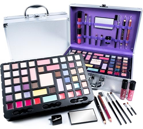 GLAMZA - Set trucco vegano da 68 pezzi, per donne e ragazze, include custodia in alluminio argentato, palette di ombretti, rossetto, pennelli da trucco e molto altro ancora