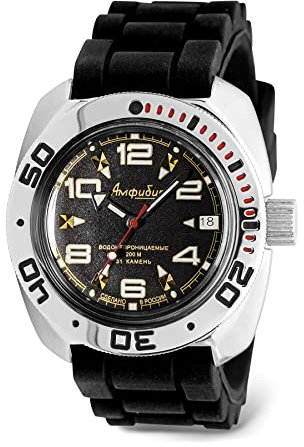 VOSTOK Amphibian Automatikuhr, selbstaufziehend, russische Taucher-Armbanduhr, WR 200 m, Amphibia 710335, schwarzes Zifferblatt, 40 mm, mechanische Uhr, leuchtende Punkte, Schwarzes Kunstharz.,