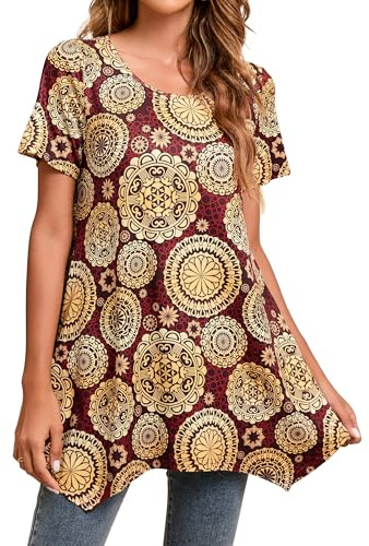 Enmain Tunic Tops for Women UK Summer Short Sleeve Swing T Shirt Plus Size Ladies Tunics for Leggings Hanky Hem Casual Loose Round Neck Gold Burgundy Blouse T-Shirts L