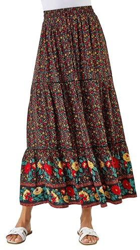 Roman Originals Gypsy Maxi Skirt for Women UK Ladies Tiered Bohemian Long Ankle Length Cotton Elasticated Waistband High Waist Monochrome Lounge Lightweight Holiday - Red Black - Size 8