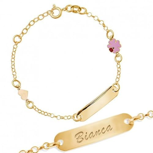 Sakrami Armband aus Silber 925 Graviertes Plättchen für Kinder mit emailliertem Kleeblatt + Personalisierte Geschenkbox - Armband für Geburt Kommunion oder Taufe