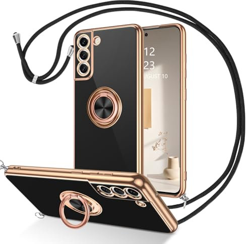 DOMAVER Coque Cordon pour Samsung S21 FE 5G avec Anneau Rotatif 360°, Protection Collier et Lanière, Housse Antichoc, Noir