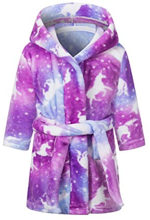 ACMEDE Kinder Bademantel Kapuze Mädchen Jungs Frottee Bademantel Flanell Einhorn Rosa Lange Ärmel Weiche Bequeme Schlafoveralls Pyjama Taillengürtel Baby Kleinkind Alter 2-10 Jahre