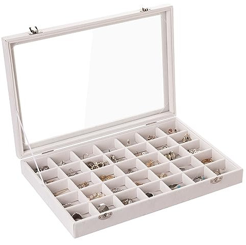 Frebeauty Samt Schmucktablett 35 Gitter Schmuck Organizer mit durchsichtigem Deckel Transparenter Ohrring Organizer Halter Fall für Ringe Ohrstecker Geschenk für Frauen Mädchen (Beige 35 Gitter)